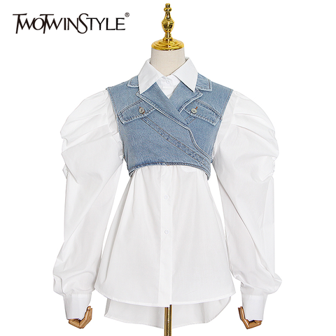 TWOTWINSTYLE Casual Korean Suit For Women Lapel Puff Sleeve Shirt Denim Cross Vest Elegant Two Piece Sets Female 2022 Fall New ► Photo 1/6