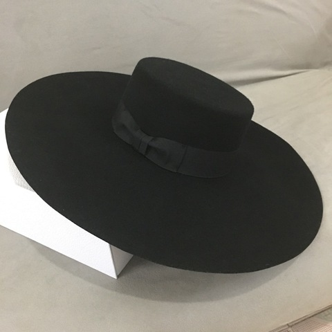 New Retro Style Big Warm Wide Brim Wool Fedora Hat Black Felt Hat Bow Flat Floppy Winter Hat for Women Party Church Wedding Hat ► Photo 1/6