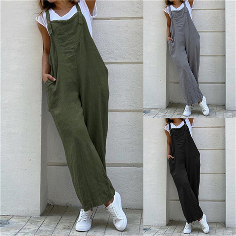 Women Suspender Rompers Overalls 2022 Vintage Jumpsuits Playsuits Long Pockets Wide Leg Pants Combinaison Oversize ► Photo 1/6