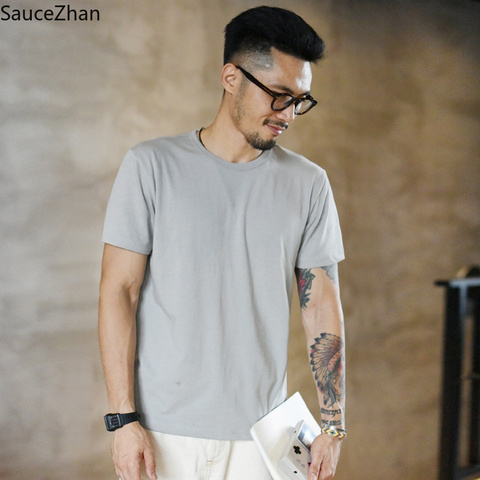 SauceZhan Three-needle Reinforcement Men's Summer Cotton T-shirt O-Neck Solid T-shirts for Man Thick Soft  Not Deformed ► Photo 1/5