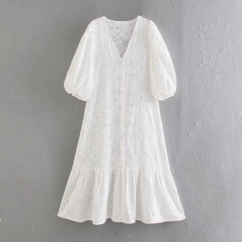 Summer Women Hollow Embroidery White Midi Dress Female V Neck Lantern Sleeve Clothes Casual Lady Loose Vestido D7379 ► Photo 1/6