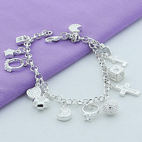 Silver 925 Jewelry Star Moon CZ Charm Bracelet Fashion Jewelry Cross Chain Bracelet 20cm For Women Gift ► Photo 1/6