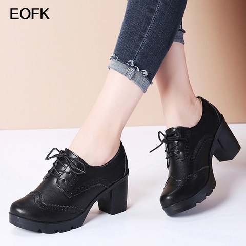 EOFK New Spring Autumn Women Brogue Wedge Derby Pumps Genuine Leather High Square Heel Derby Elegant 7cm Ladies Oxford Shoes ► Photo 1/6