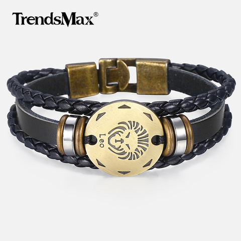 12 Zodiac Sign Horoscope Men's Leather Bracelet Vintage Retro Charm Wristband Male Jewelry Gifts for Men Leo Cancer Aries LBM136 ► Photo 1/6
