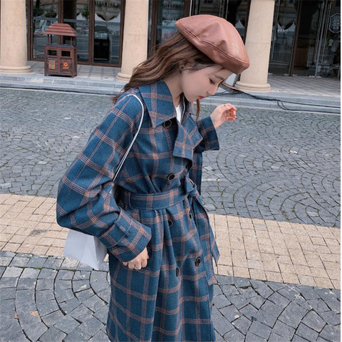 Plaid Windbreaker For Women 2022 New Spring Autumn Korean Loose Slim Belt Over The Knee Trench Coat Plus Size Outcoat Blue W2194 ► Photo 1/1