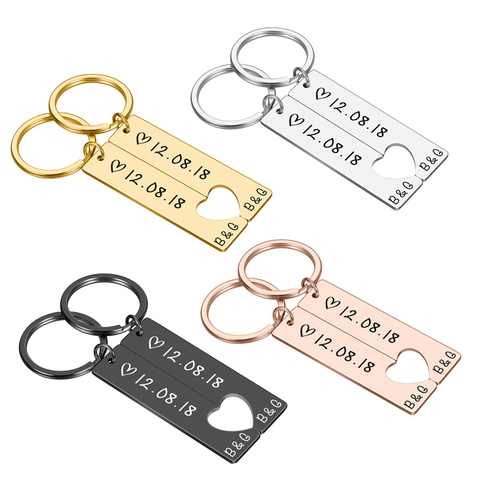 Personalized Heart Keychain Set  Engraved King Date and Name Love Keyring Gift for Couples Girlfriend Boyfriends Key Chain Rings ► Photo 1/6