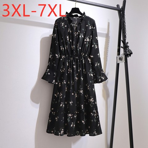 New autumn winter plus size midi dress for women large loose long sleeve floral print flower chiffon dress 3XL 4XL 5XL 6XL 7XL ► Photo 1/6