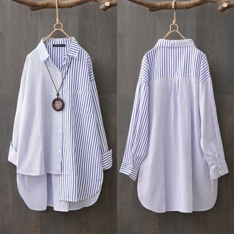 Plus Size Women's Asymmetrical Shirts ZANZEA 2022 Elegant Striped Tops Casual Long Sleeve Blusas Female Button Stiching Tunic ► Photo 1/6