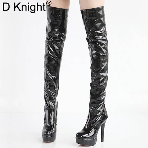 New Pole Dancing Boots Bright Patent Leather Thigh High Heel Knight Boots Waterproof Side Zip Women Tall Knee Boots Plus Size 43 ► Photo 1/6