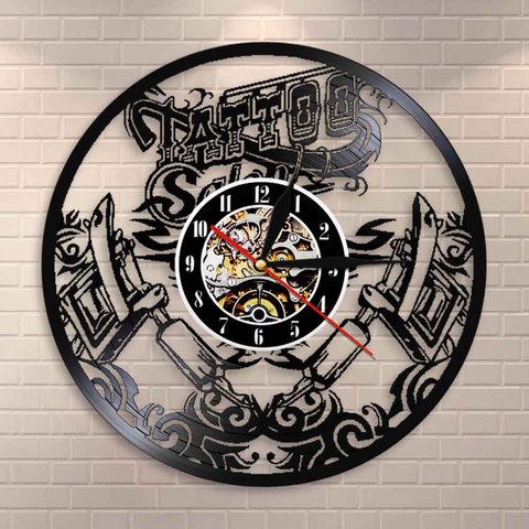 Tattoo Studio Wall Sign Tattoo Salon Vinyl Record Wall Clcok Tattoo Shop Tattoo Machine Wall Art Decor Hipster Men Gift Idea ► Photo 1/6