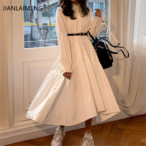 Women Dress Long Sleeve Spring Autumn Vintage Designer Collar Lapel Button Up Ruched Ruffles Cotton White Dress Female Clothes ► Photo 1/5