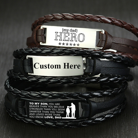 Vnox Custom Leather Bracelets for Men Personalize ID Tag Bar Layered Leather Bangle Gents Wristband ► Photo 1/6