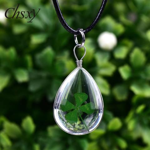 CHSXY Lucky Four Leaf Clover Transparent Pendant Necklace Dried Flower Leather Rope Chain Necklace for Women Girl Best Wish Gift ► Photo 1/6