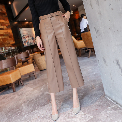 New 2022 Spring Women PU Leather Pants Belted High Waist Faux Leather Ladies Trousers Winter Pants Brand Wide Leg Pants 818G ► Photo 1/6