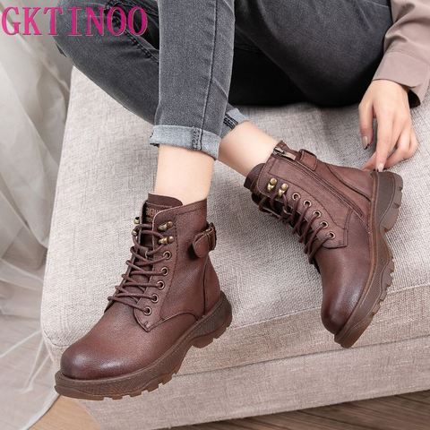 Women's Genuine Leather Ankle Boots Women Autumn Winter Lace Up Vintage Women Punk Boots Flat Ladies Shoes Woman Botas Mujer ► Photo 1/6