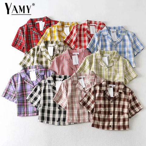 Summer blouse women vintage crop shirt streetwear plaid ladies tops elegant button up shirt korean crop top red 2022 ► Photo 1/6