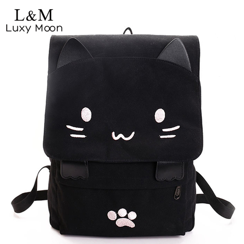 Cute Cat Canvas Backpack Cartoon Embroidery Backpacks For Teenage Girls School Bag Fashio Black Printing Rucksack mochilas XA69H ► Photo 1/6