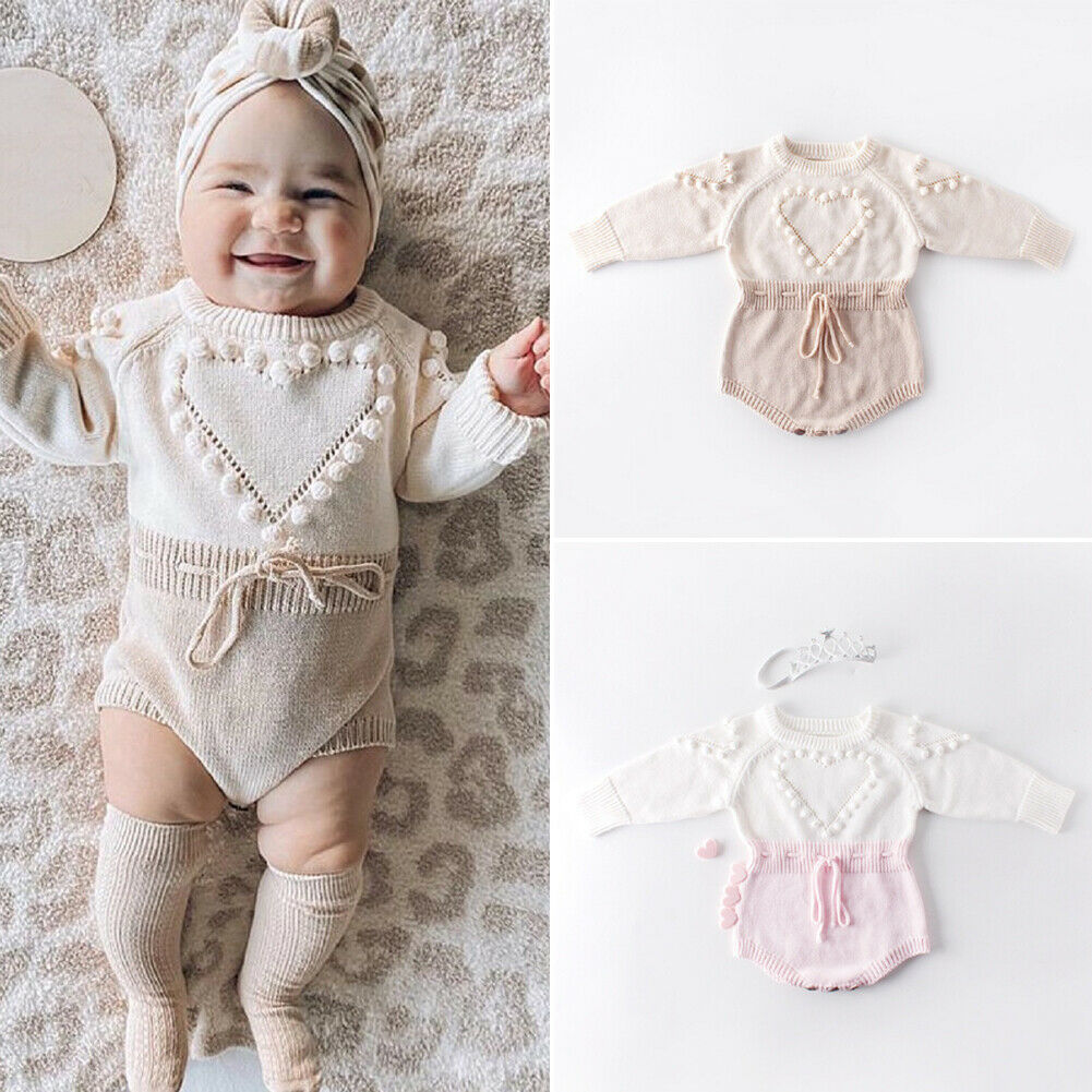 Newborn Baby Girls Knitted Romper Jumpsuit Bodysuit Headband Set Clothes Outfits