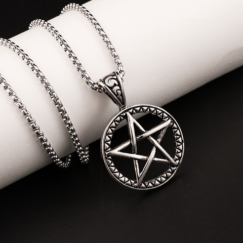 HNSP New Fashion Round Pentagram Hollow moon star pendant Necklace For Men male Stainless steel chain Jewelry ► Photo 1/6