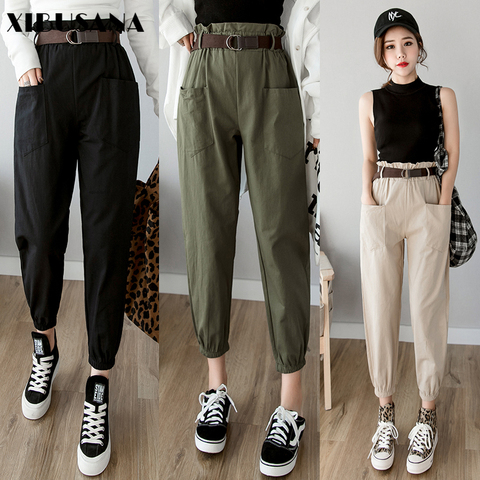 Cheap Solid Casual Women's Cargo Pants Elastic Waist Fashion Streetwear  Harem Joggers Ankle Length Oversize Baggy Trousers for Girls