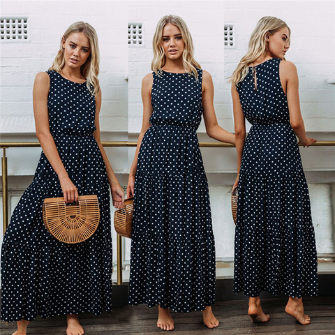 2022 Bobo Women Dark Blue Boho Loose Sleeveless Holiday Dot Print Long Maxi Dress Evening Party Beach Dresses Summer Sundress ► Photo 1/6