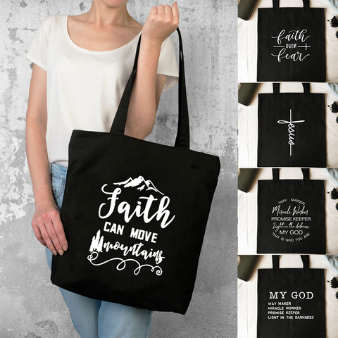 Faith Can Move Mountain Canvas Tote Shopping Bag Foldable Reusable My God Jesus Faith Over Fear Women Shopper Student Book Bags ► Photo 1/6