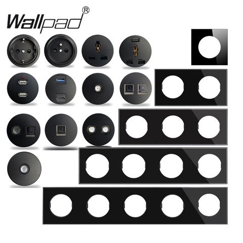 Wallpad L6 Black Crystal Glass Wall Light Switch EU French Socket USB Charger RJ45 CAT6 HDMI Audio Modules DIY Free Combination ► Photo 1/6