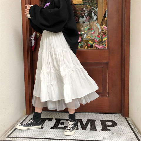 Long Tulle Midi Skirts Womens 2022 Autumn Elastic High Waist Mesh Tutu Pleated Skirts Female Black White Long Skirt Streetwear ► Photo 1/6