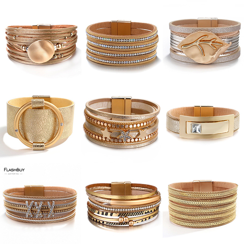 Flashbuy Gold Style Leather Bangle Multiple Fashion Bracelets for Women Alloy Rhinestone Unisex Jewelry wholesale Hot Sale ► Photo 1/6