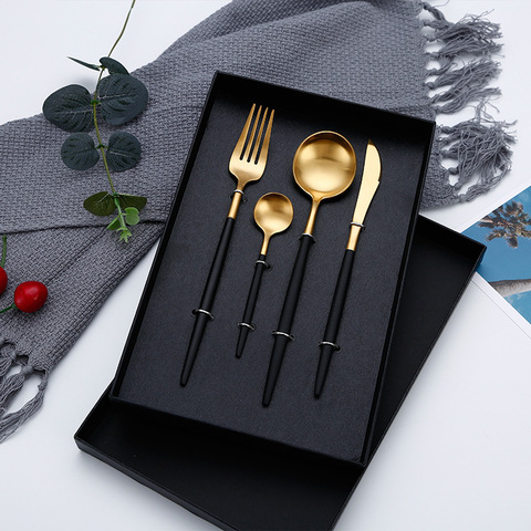 4Pcs/set Black Cutlery Set Stainless Steel Dinnerware Set Gold Flatware Fork Knife Spoon Wedding Silverware Set Drop Shipping ► Photo 1/6