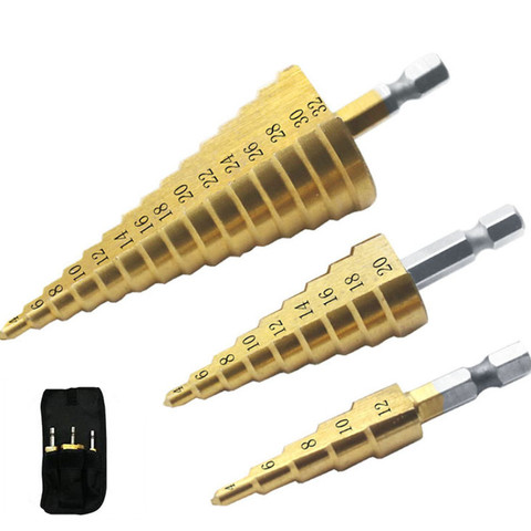 3pc Hss step drill bit set cone hole cutter Taper metric 4 - 12 / 20 / 32mm 1 / 4 