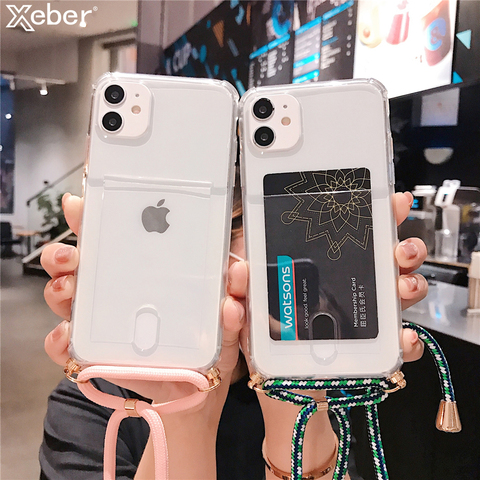 Crossbody Lanyard Rope Card Slot Holder Transparent Case For iPhone 11 12 Pro XS MAX X XR 6 6S 8 7 Plus SE 2 Soft TPU Back Cover ► Photo 1/6