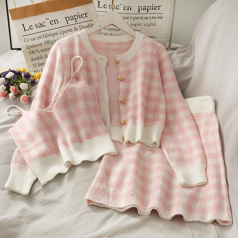 Sweet Plaid Three-Piece Women's New O Neck Single-Breasted Long-Sleeved Loose Sweater with Short Strap two piece set skirt ► Photo 1/6