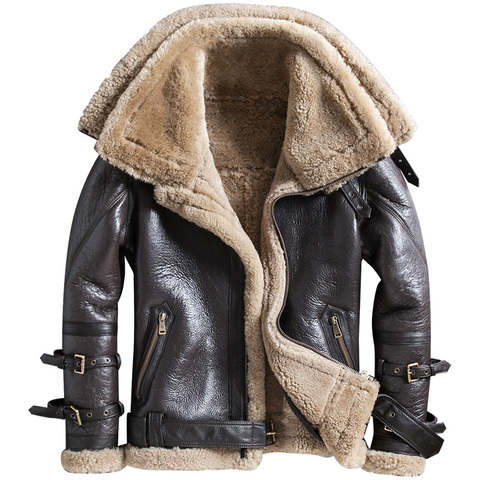 New Winter Thicker Fur One Genuine Leather Coat Men's Double Collar Sheepskin Leather Jacket Locomotive Fur Male Air Force Suit ► Photo 1/4