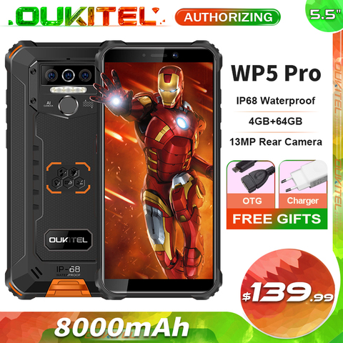 OUKITEL WP5 Pro 8000mAh Rugged Mobile Phone 4GB + 64GB 5.5'' Android 10.0 13MP Rear Camera IP68 Waterproof Smartphone ► Photo 1/6