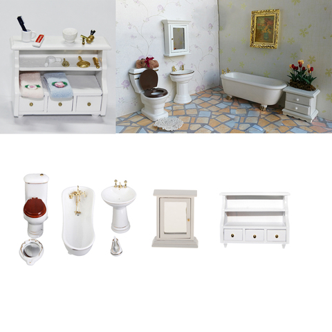Dollhouse Bathroom Toilet Basin Brush Stand Mirror Box Cabinet Set for 1/12 Scale ► Photo 1/6