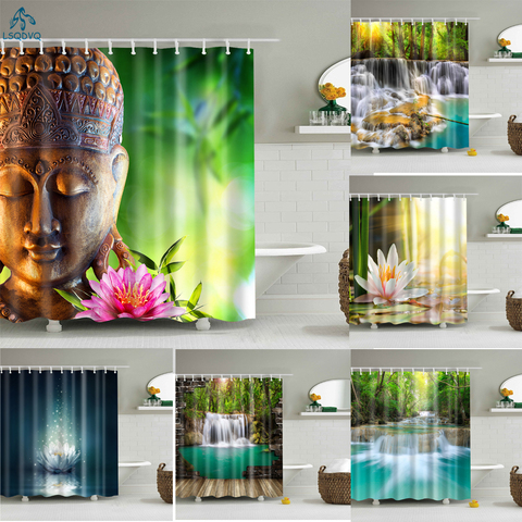 Rural Landscape Creek Stone Lotus Buddha Shower Curtain Bathroom Curtain Frabic Waterproof Polyester Bathroom Curtain with Hooks ► Photo 1/6