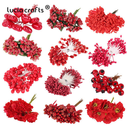 Lucia Craft  Mixed Red Artificial Flower Cherry Stamen Berries Bundle DIY Christmas Wedding Cake Gift Box Decor D0311 ► Photo 1/6