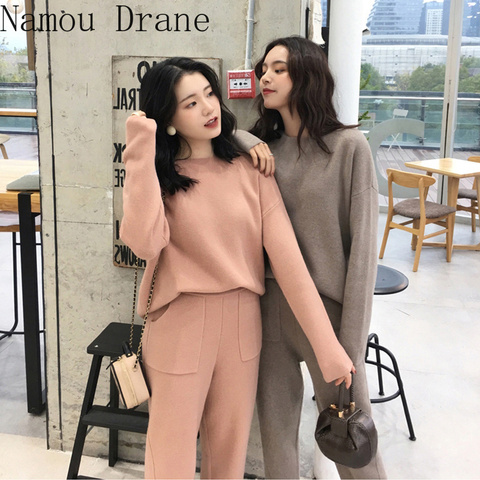 2022 Winter Knitted 2 Pieces Set Tracksuits Women Thick Warm O-neck Loose Sweater+Ankle-Length Pants Warm Cashmere Suit ► Photo 1/6