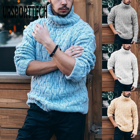 URSPORTTECH 2022 Autumn Winter New Mens Turtleneck Sweater Pullover Needle Diamond Twisted Flower Coarse Wool Knitted Sweaters ► Photo 1/6