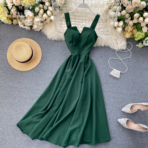 YuooMuoo 2022 Brand Design V-neck Vintage Back Bandage Dress Women Summer Elegant Big Swing Long Party Dress Fashion Green Dress ► Photo 1/6