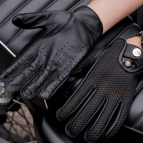 Men Women Black Real Leather Gloves Summer  Autumn Mesh Breathable Leather Gloves  Full Finger Motorcycle Riding  Gloves NR66 ► Photo 1/6