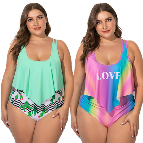 2022 Summer Plus Size Two Pieces Women's Bikinis Set Cactus/Letter Printed Ruffle Big Swimsuit Large Female Swimming Suits 5XL ► Photo 1/6