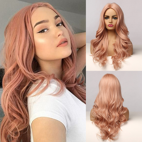 Long Wave Pink Synthetic Hair Wigs Middle Part Natural Wavy Heat Resistant Wigs for Afro Women Cosplay Party Fashion Wigs ► Photo 1/6