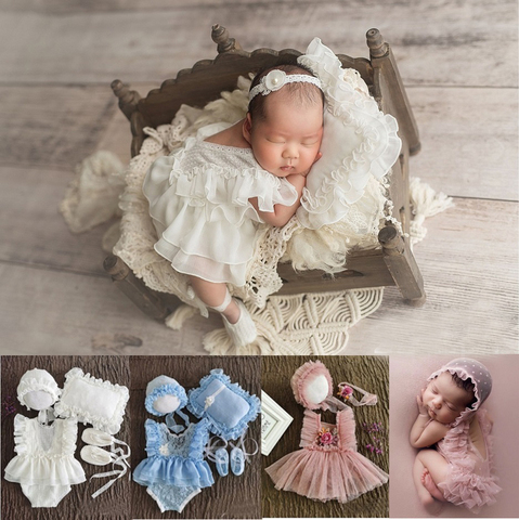 0-1Month Newborn Photography Props Baby Hat Headband Lace Romper Bodysuits Outfit Baby Girl Dress  Costume Photography Clothing ► Photo 1/6