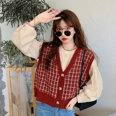 Sweater Vest Women Vintage Burgundy Plaid Soft Casual Korean Trendy Ladies Sleeveless Knitwear Chic Daily Preppy Female Sweaters ► Photo 1/6