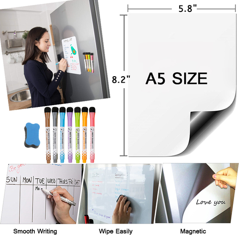 Magnetic Whiteboard Dry Erase Board Fridge Magnet White Board Writing Memo Messages Teaching Planner Write Delete File A5 size ► Photo 1/6