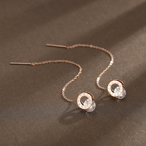 YiKLN Titanium Stainless Steel Roman Round Zircon Ear Line Female Rose Gold Long Tassel Earrings Jewelry For Women YE17127 ► Photo 1/5