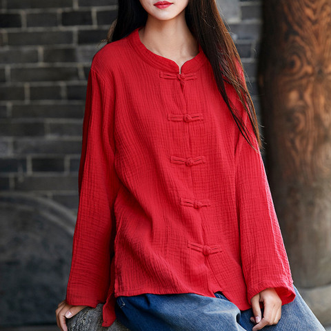 2022 Summer Fashion Blouse Autunm Women Long Sleeve Shirt Casual Cotton Linen Tops Plus Size vintage Stand collar shirts 7XL 8XL ► Photo 1/4