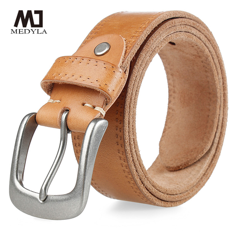 MEDYLA vintage real cowhide men's belt hard solid metal buckle natural leather non-layered jeans belt used for men ► Photo 1/6